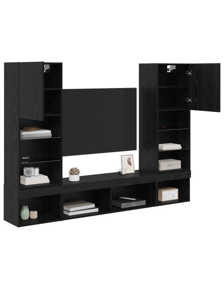 Unità a muro per TV con LED 5 pcs Rovere Nero Legno multistrato