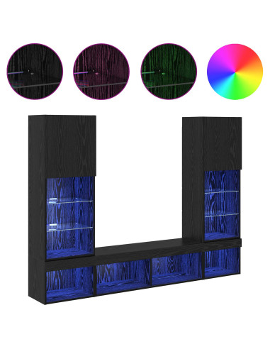 Unità a muro per TV con LED 5 pcs Rovere Nero Legno multistrato
