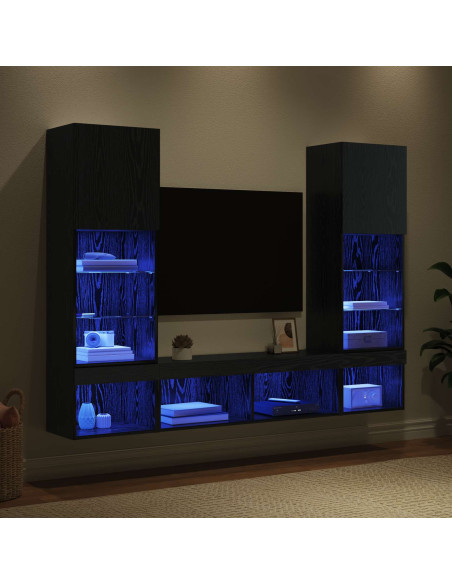 Unità a muro per TV con LED 5 pcs Rovere Nero Legno multistrato