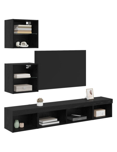 Unità a muro per TV con LED 5 pcs Rovere Nero Legno multistrato