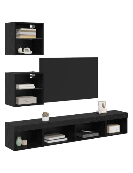 Unità a muro per TV con LED 5 pcs Rovere Nero Legno multistrato