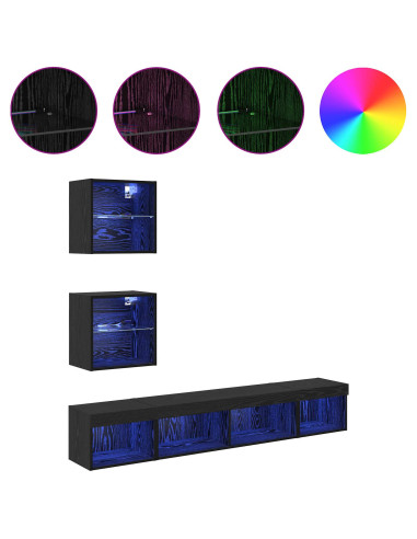 Unità a muro per TV con LED 5 pcs Rovere Nero Legno multistrato