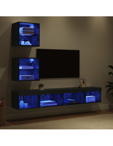 Unità a muro per TV con LED 5 pcs Rovere Nero Legno multistrato