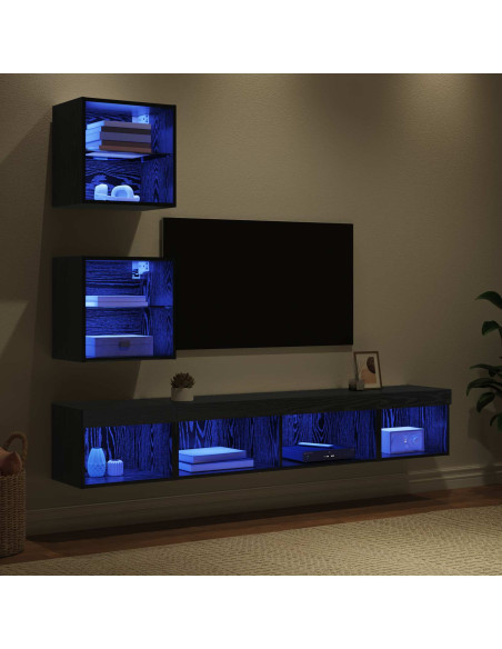 Unità a muro per TV con LED 5 pcs Rovere Nero Legno multistrato