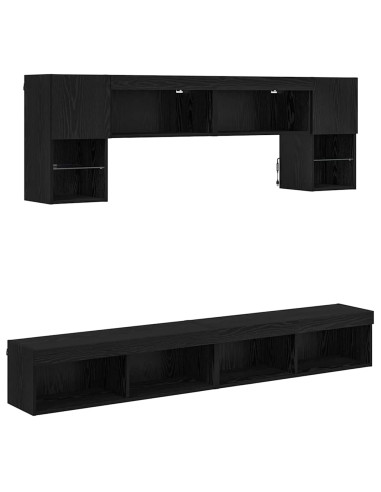 Unità a muro per TV con LED 6 pcs Rovere Nero Legno multistrato