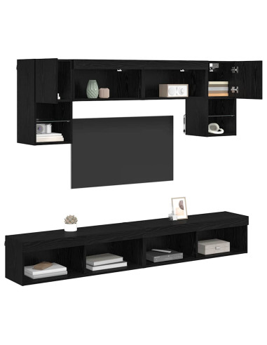 Unità a muro per TV con LED 6 pcs Rovere Nero Legno multistrato