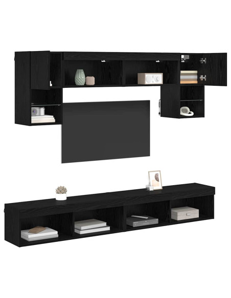 Unità a muro per TV con LED 6 pcs Rovere Nero Legno multistrato
