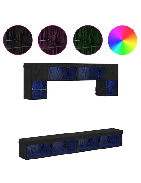 Unità a muro per TV con LED 6 pcs Rovere Nero Legno multistrato