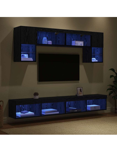 Unità a muro per TV con LED 6 pcs Rovere Nero Legno multistrato