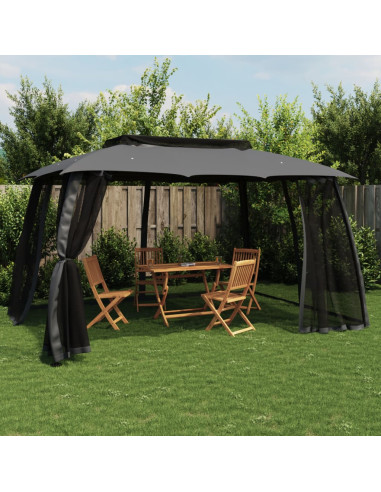 Gazebo Tetto Doppio e Pareti Rete Antracite 3,93x2,93 m Acciaio