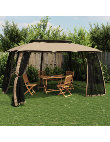 Gazebo con Tetto Doppio/Pareti Rete Tortora 3,93x2,93 m Acciaio