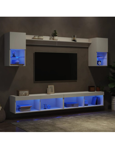 Mobili TV a Muro con LED 6pz Bianchi in Legno Multistrato