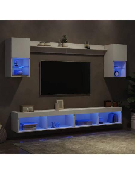 Mobili TV a Muro con LED 6pz Bianchi in Legno Multistrato