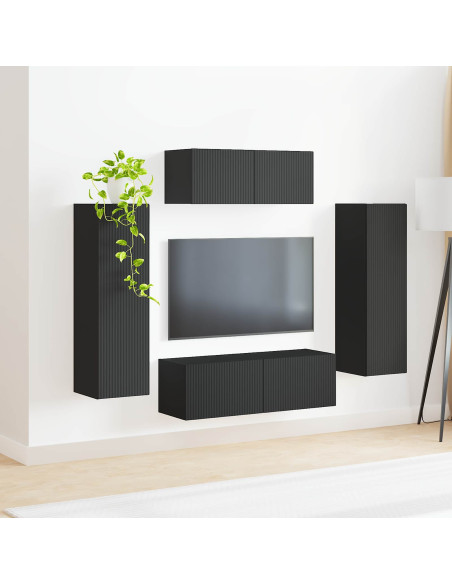 Set mobile TV Montaggio a parete 3 pcs Nero Legno multistrato