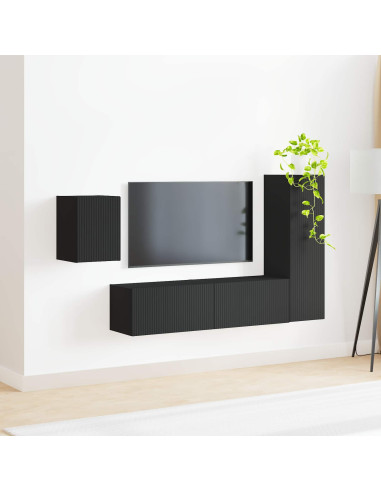 Set mobile TV Montaggio a parete 4 pcs Nero Legno multistrato