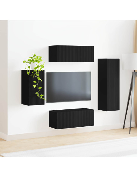 Set mobile TV Montaggio a parete 4 pcs Nero Legno multistrato