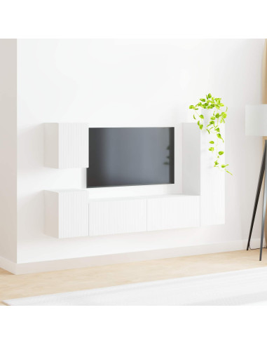 Set mobile TV Montaggio a parete 4 pcs Bianco Legno multistrato