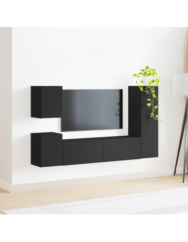 Set mobile TV Montaggio a parete 4 pcs Nero Legno multistrato