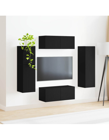 Set mobile TV Montaggio a parete 4 pcs Nero Legno multistrato