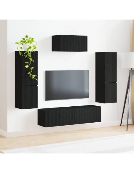 Set mobile TV Montaggio a parete 4 pcs Nero Legno multistrato