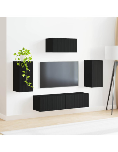 Set mobile TV Montaggio a parete 5 pcs Nero Legno multistrato
