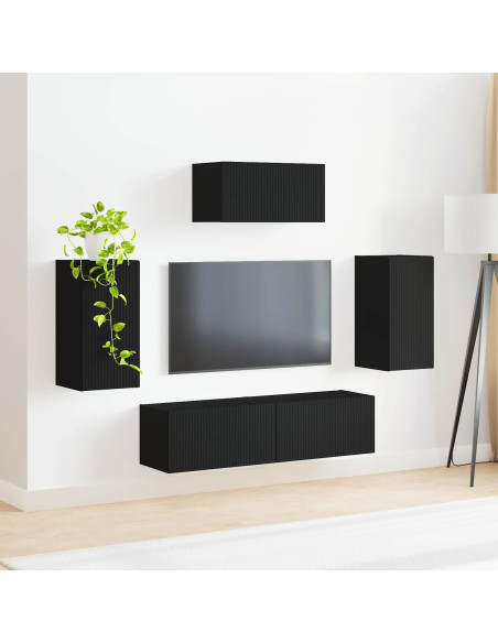 Set mobile TV Montaggio a parete 5 pcs Nero Legno multistrato