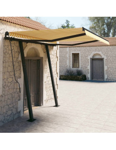 Tenda da Sole Retrattile Manuale e Pali 3x2,5 m Gialla e Bianca