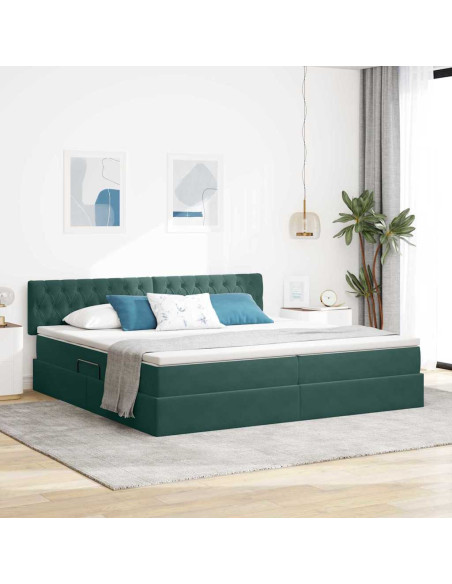 Letto con contenitore e LED Verde Scuro 200 x 200 cm Velluto