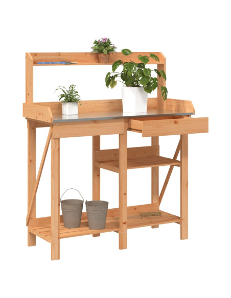 Panca Porta Vasi con Ripiani Marrone in Legno Massello di Abete