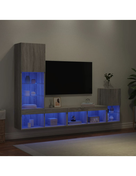 Mobili TV a Muro con LED 4pz Grigio Sonoma in Legno Multistrato