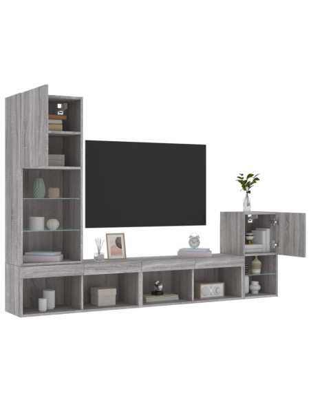 Mobili TV a Muro con LED 4pz Grigio Sonoma in Legno Multistrato