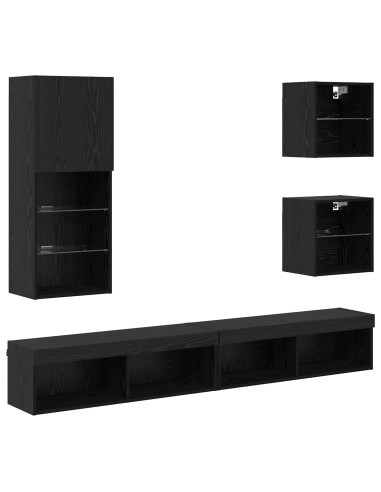 Unità a muro per TV con LED 5 pcs Rovere Nero Legno multistrato