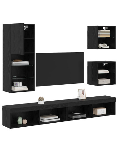 Unità a muro per TV con LED 5 pcs Rovere Nero Legno multistrato
