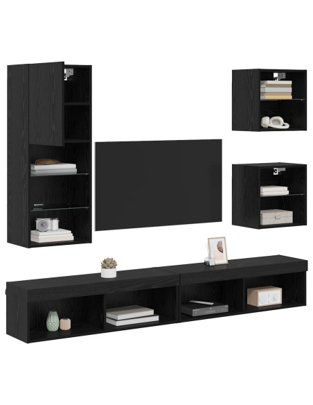 Unità a muro per TV con LED 5 pcs Rovere Nero Legno multistrato