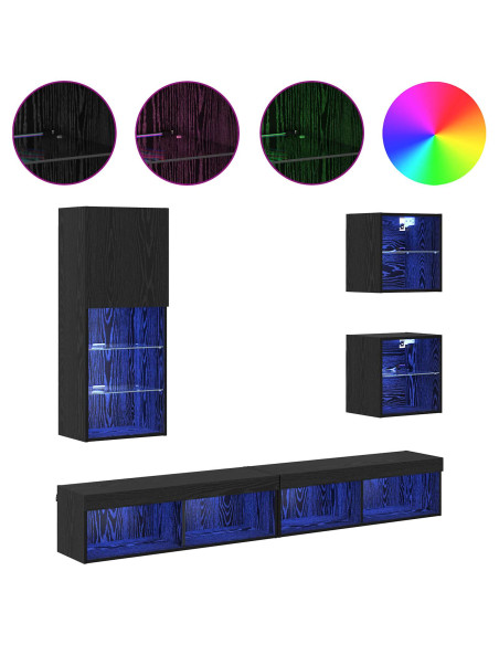 Unità a muro per TV con LED 5 pcs Rovere Nero Legno multistrato