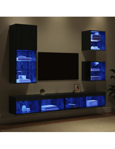 Unità a muro per TV con LED 5 pcs Rovere Nero Legno multistrato