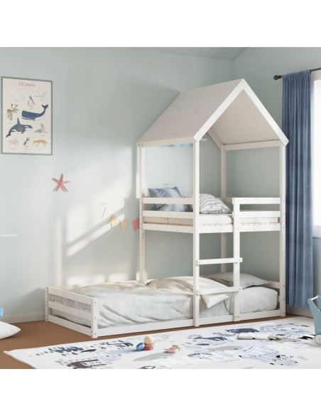 Letto a Castello con Tetto Bianco 80x200 cm Legno Massello Pino