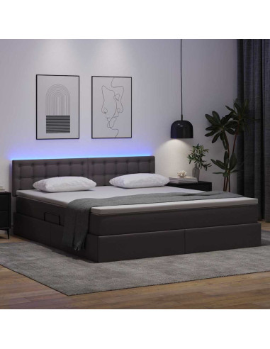 Letto con contenitore e LED Grigio 160 x 200 cm Pelle Sintetica