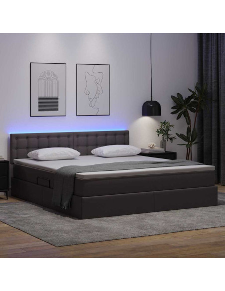 Letto con contenitore e LED Grigio 160 x 200 cm Pelle Sintetica