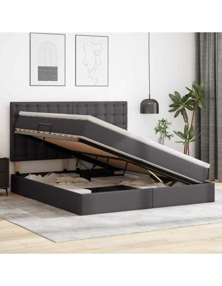 Letto con contenitore e LED Grigio 160 x 200 cm Pelle Sintetica