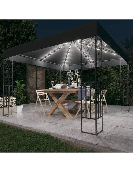 Gazebo con Stringa di Luci LED 3x3 m in Tessuto Antracite