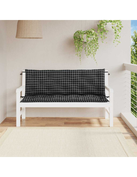 Cuscini Panca da Giardino 2pz a Quadri Nero 150x50x7 cm Tessuto