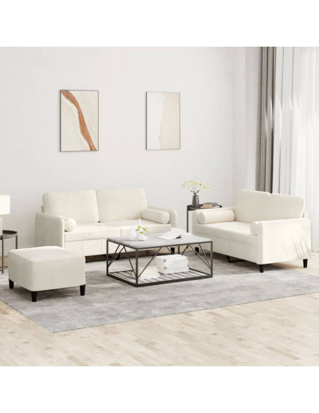 Set di Divani 3 pz con Cuscini Crema in Velluto