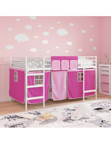 Struttura del Letto Loft per Bambini con Tendine Bianco e Rosa