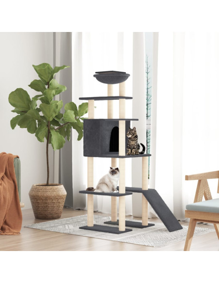 Albero per Gatti con Tiragraffi in Sisal Grigio Scuro 166 cm