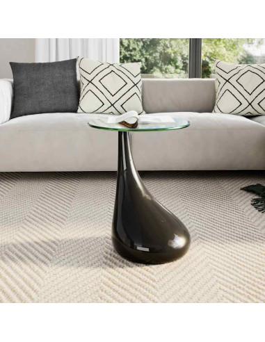 Tavolino da Caffè con Ripiano Rotondo in Vetro Nero Lucido