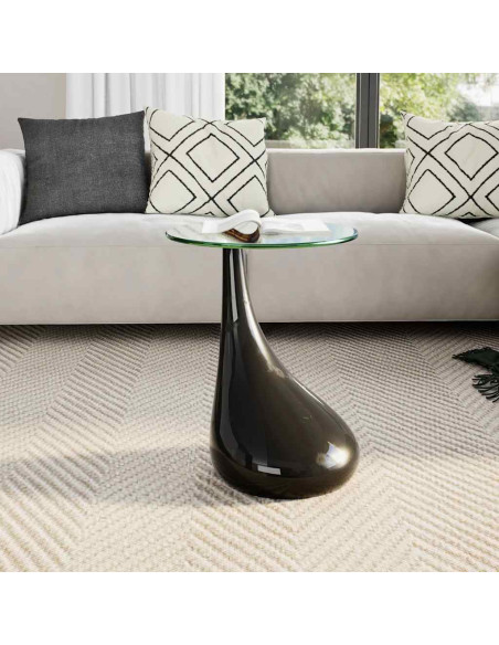 Tavolino da Caffè con Ripiano Rotondo in Vetro Nero Lucido