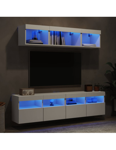 Mobili TV a Muro con LED 5pz Bianchi in Legno Multistrato