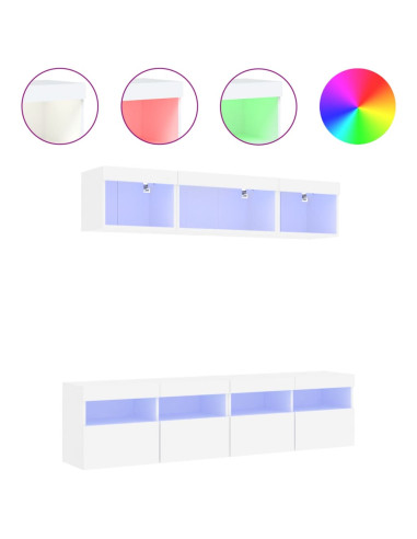 Mobili TV a Muro con LED 5pz Bianchi in Legno Multistrato