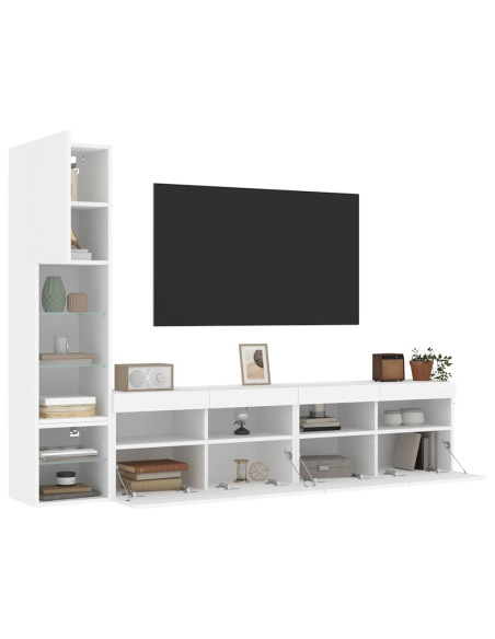 Mobili TV a Muro con LED 4pz Bianchi in Legno Multistrato